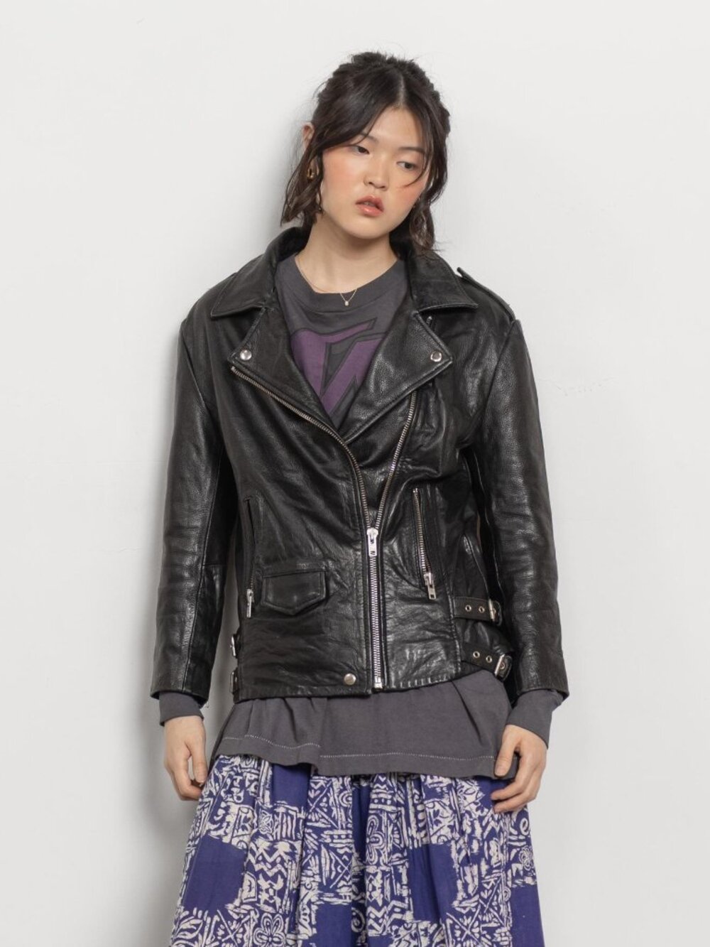 BLACK LEATHER MOTORCYCLE Jacket Vintage 90's Women Zip Up Classic Fitted Small
